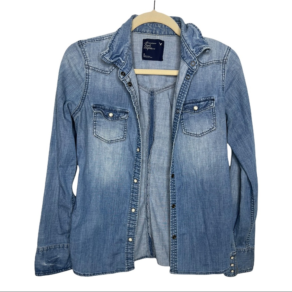 American Eagle Pearl Button Snap Blue Jean Shirt